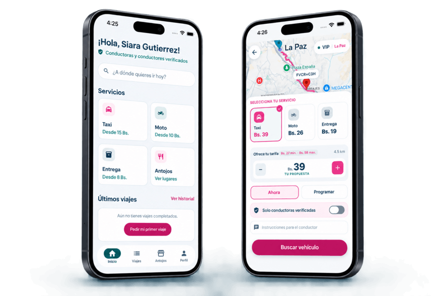 Pantallas de la app de VIP: inicio del pasajero y selección de servicio con tarifa